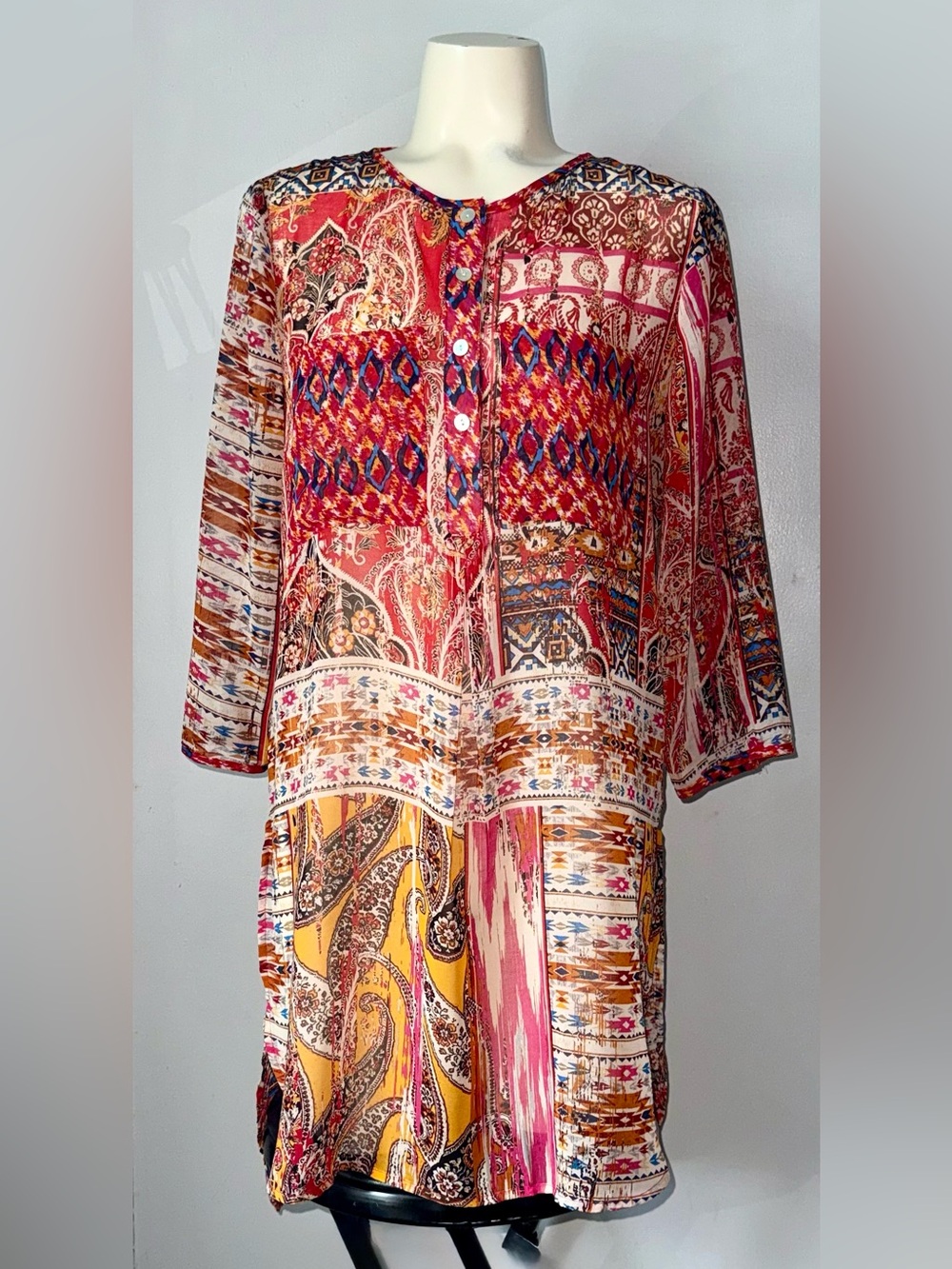 Figueroa & Flower Sheer Popover Tunic Size Small Multi Print Boho Hippie Granola